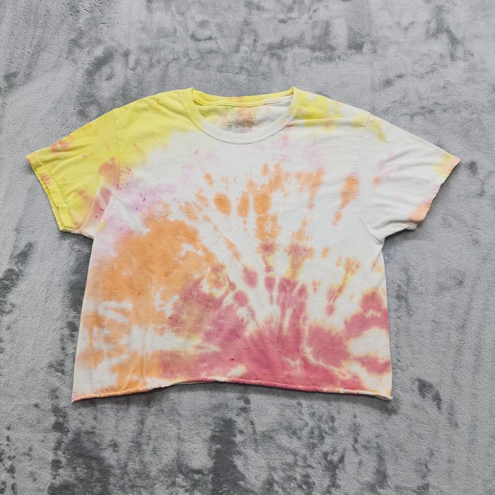 Fruit of the Loom Top Womens S Pink Orange Tie Dye Crop Tee Rolled Hem Festival